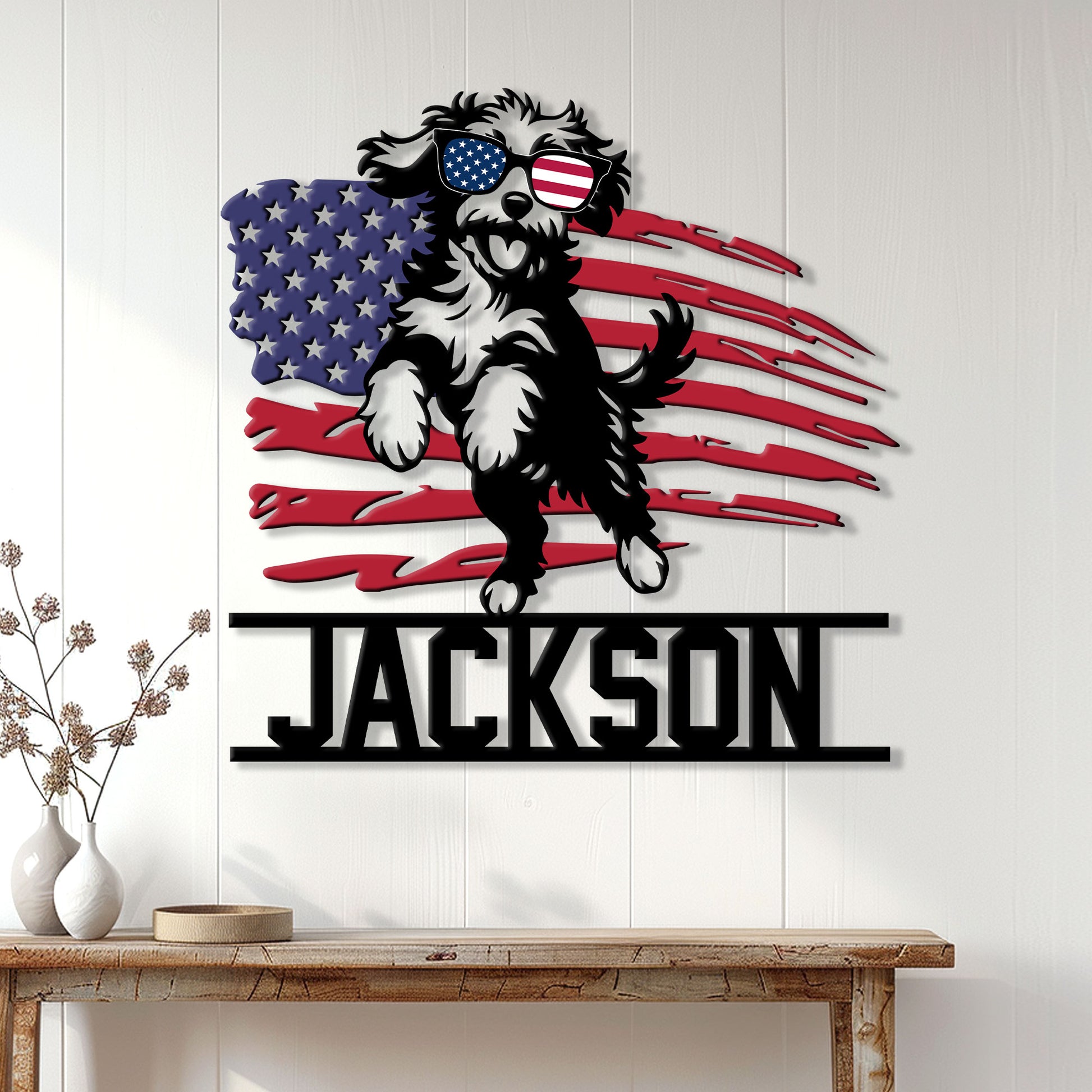 Patriotic Aussiedoodle wall sign displayed on a white paneled wall above a console table