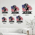 Aussiedoodle metal sign size guide showing the patriotic dog design in multiple square size options