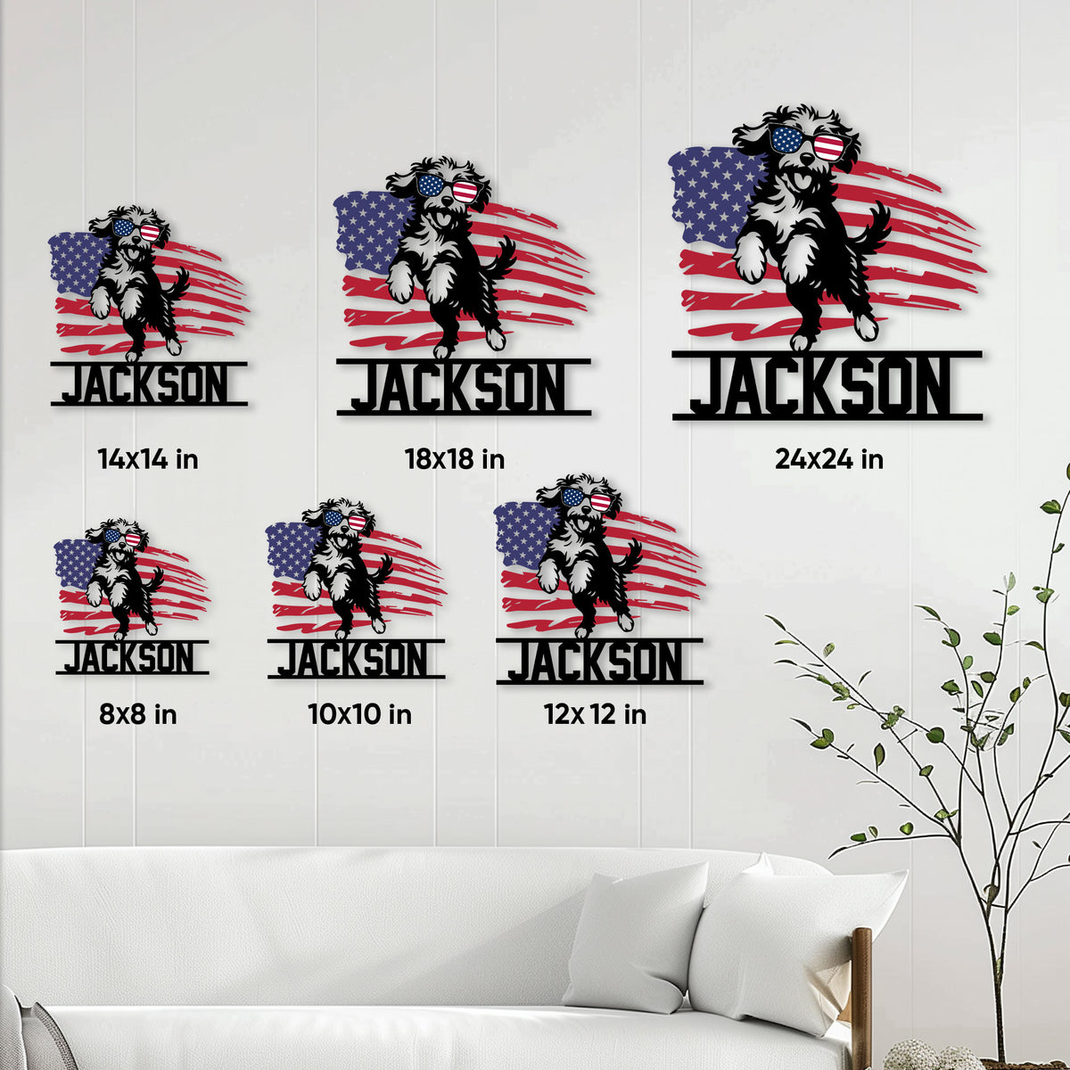 Aussiedoodle metal sign size guide showing the patriotic dog design in multiple square size options