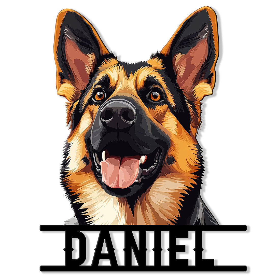 Close-up German Shepherd portrait on a custom metal sign with bold black accent bars