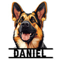 Close-up German Shepherd portrait on a custom metal sign with bold black accent bars
