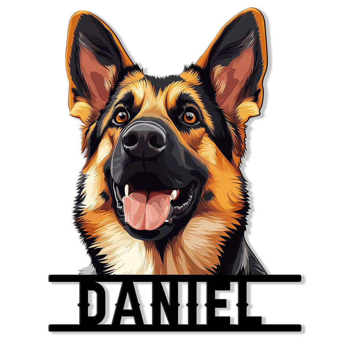 Close-up German Shepherd portrait on a custom metal sign with bold black accent bars