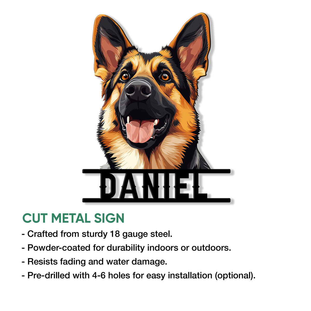 German Shepherd cut metal sign shown with product feature details for indoor or outdoor display