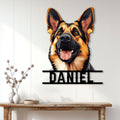 German Shepherd metal sign displayed as wall decor above a console table in a bright home