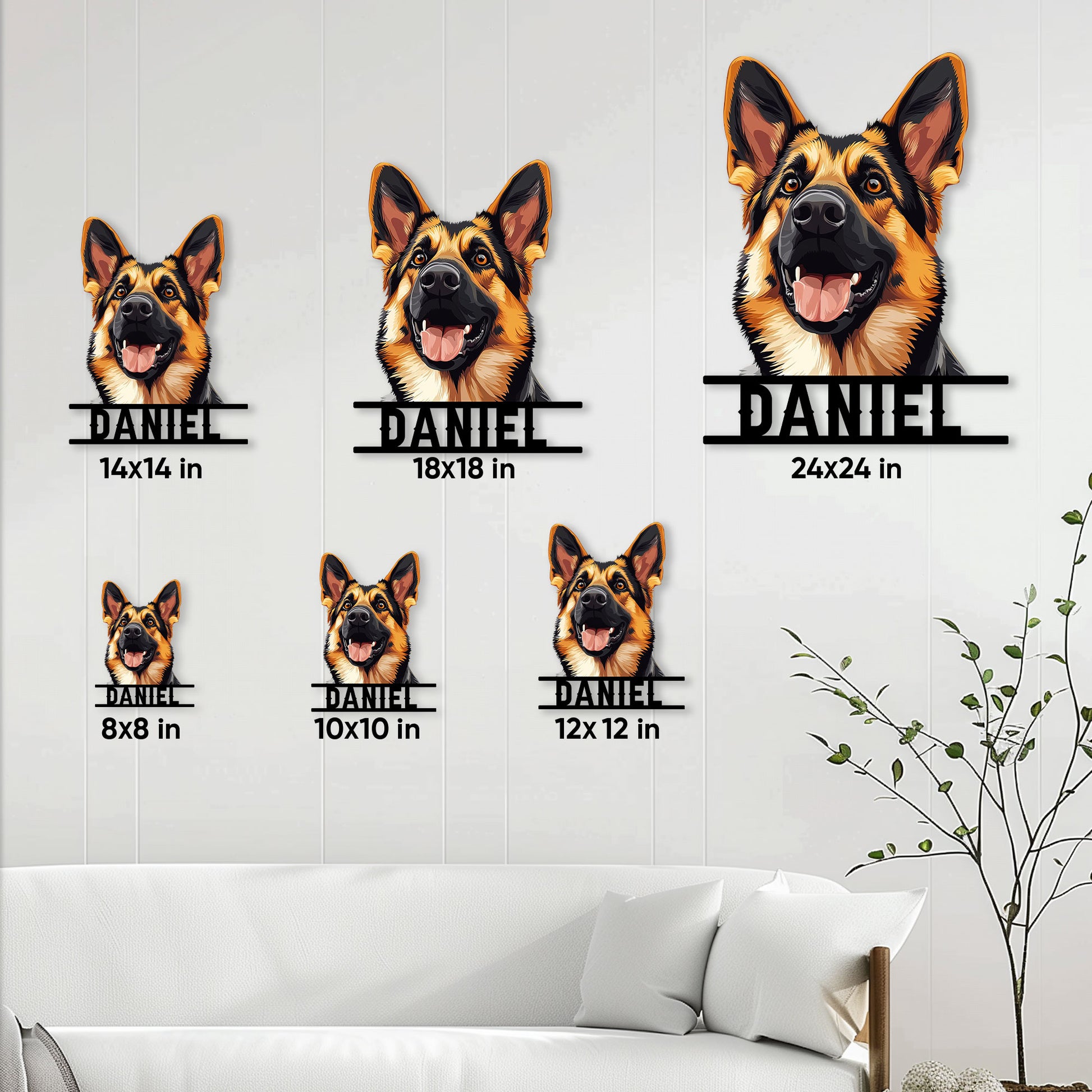 German Shepherd metal sign size guide showing six available dimensions from 8x8 to 24x24 inches