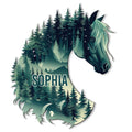 Custom horse metal sign featuring a detailed horse head blended with an evergreen forest landscape