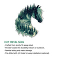 Horse-shaped cut metal sign artwork with a forest scene and equestrian-inspired design