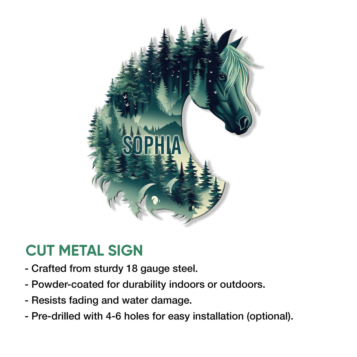 Horse-shaped cut metal sign artwork with a forest scene and equestrian-inspired design