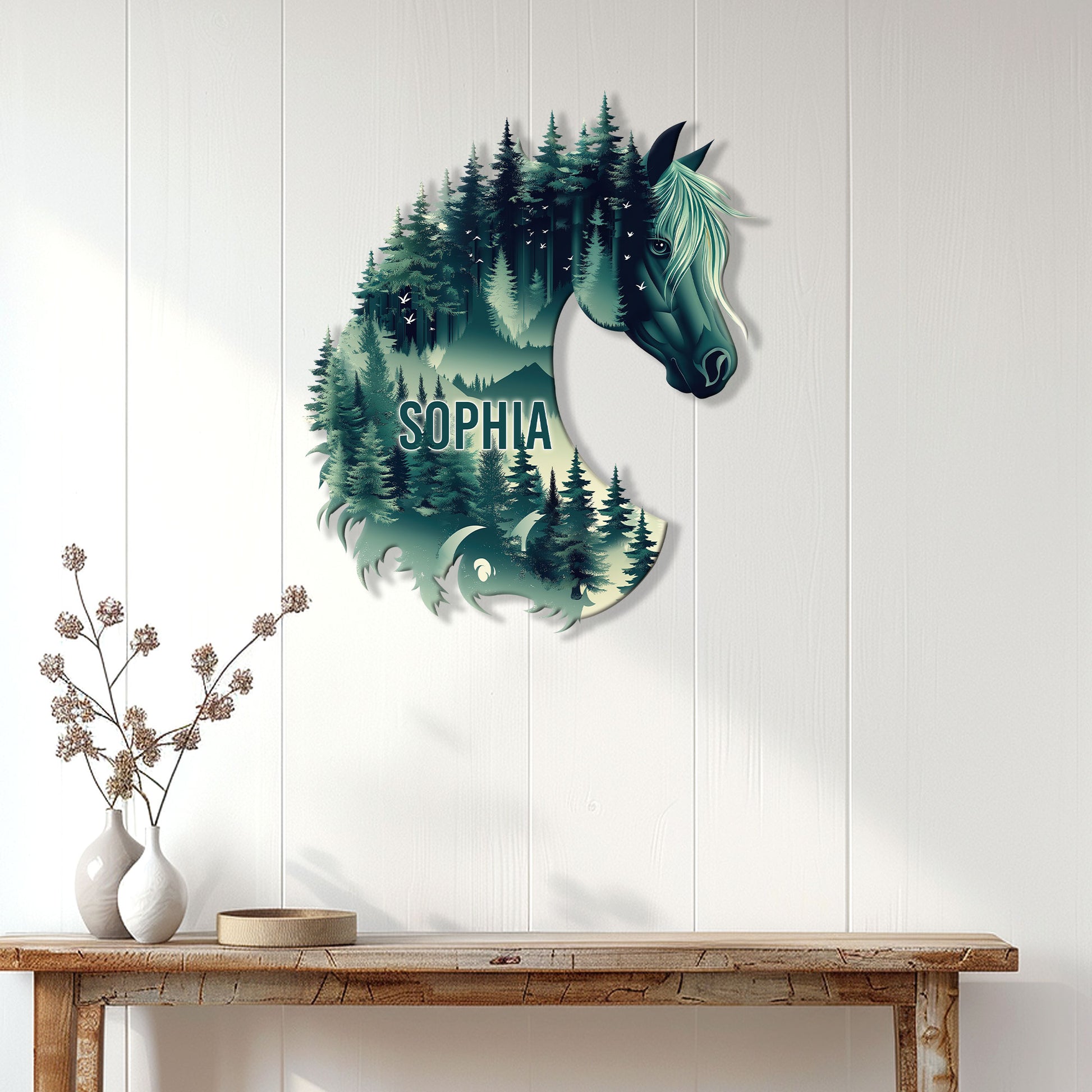 Horse forest metal wall sign displayed on a light wood-paneled wall above a console table