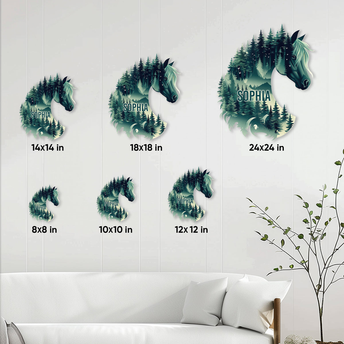 Horse metal sign size guide showing available square sizes from 8 by 8 to 24 by 24 inches