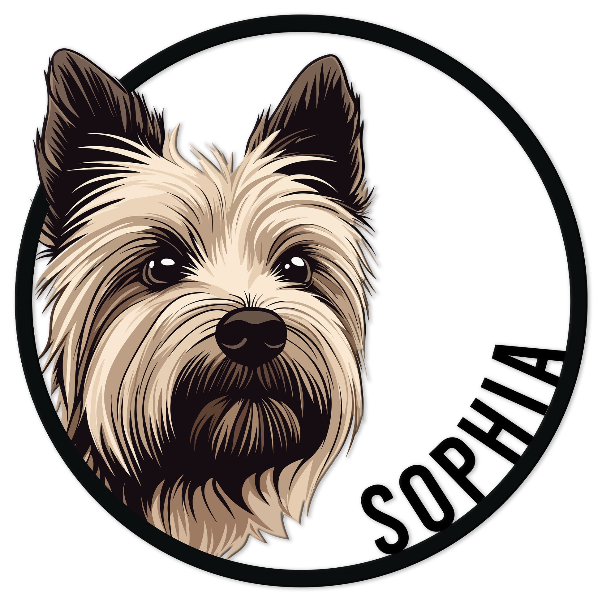 Close-up Yorkie portrait on a circular metal sign with a bold black border and decorative lettering