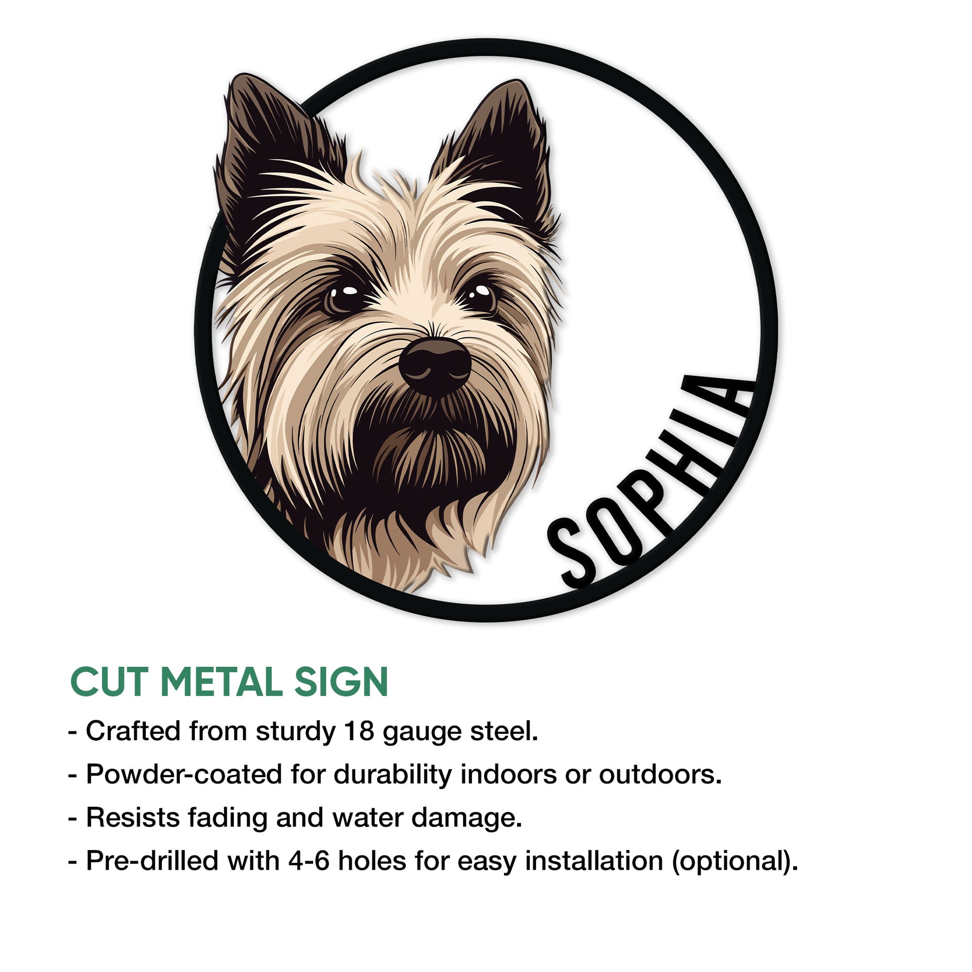 Yorkshire Terrier metal sign shown with a cut-metal sign feature infographic