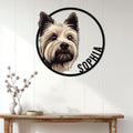Yorkie portrait metal sign displayed as wall decor above a rustic console table