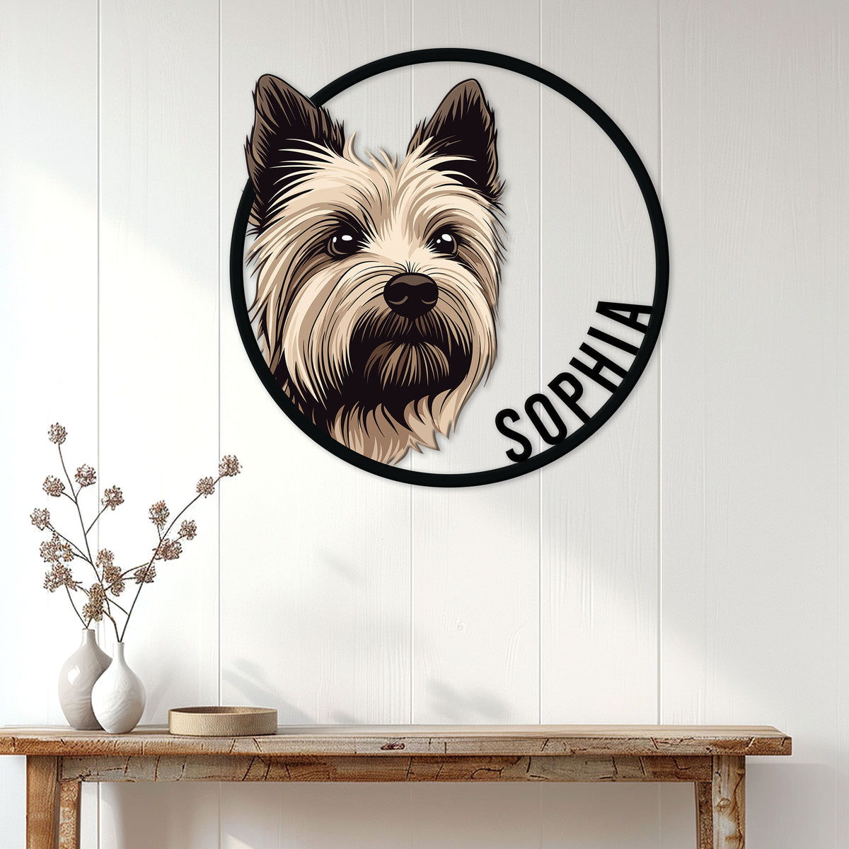 Yorkie portrait metal sign displayed as wall decor above a rustic console table