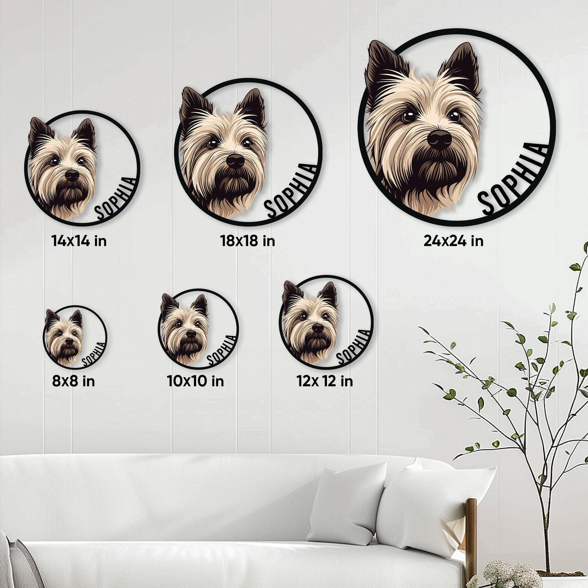 Yorkie metal sign size guide showing multiple circular sign sizes in a home setting
