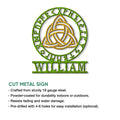 Viking knotwork metal sign shown with a cut-metal sign feature information graphic