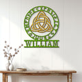 Norse knotwork metal sign displayed as Viking wall decor above a wood console table