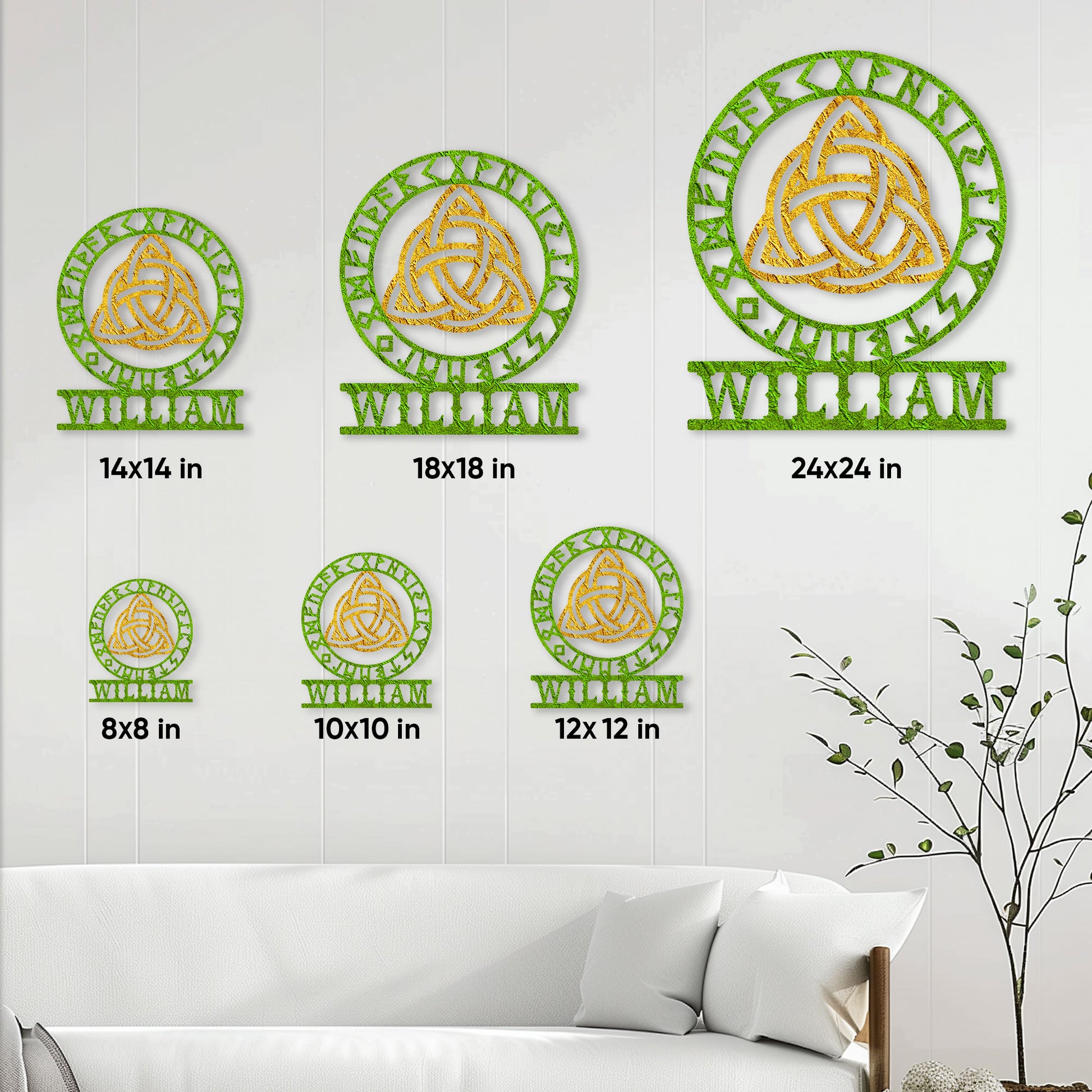 Viking knotwork metal sign size guide showing options from 8 by 8 to 24 by 24 inches