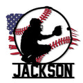 Custom baseball metal sign featuring a catcher silhouette inside a baseball with an American flag design