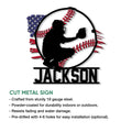 Baseball catcher metal sign shown with product features and the bold patriotic baseball artwork