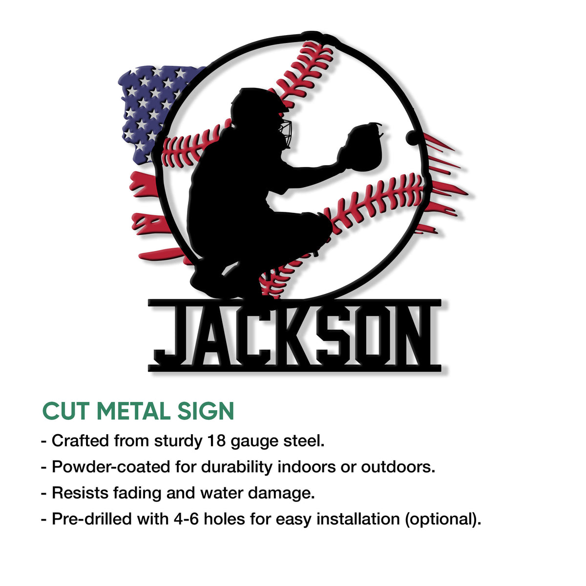 Baseball catcher metal sign shown with product features and the bold patriotic baseball artwork