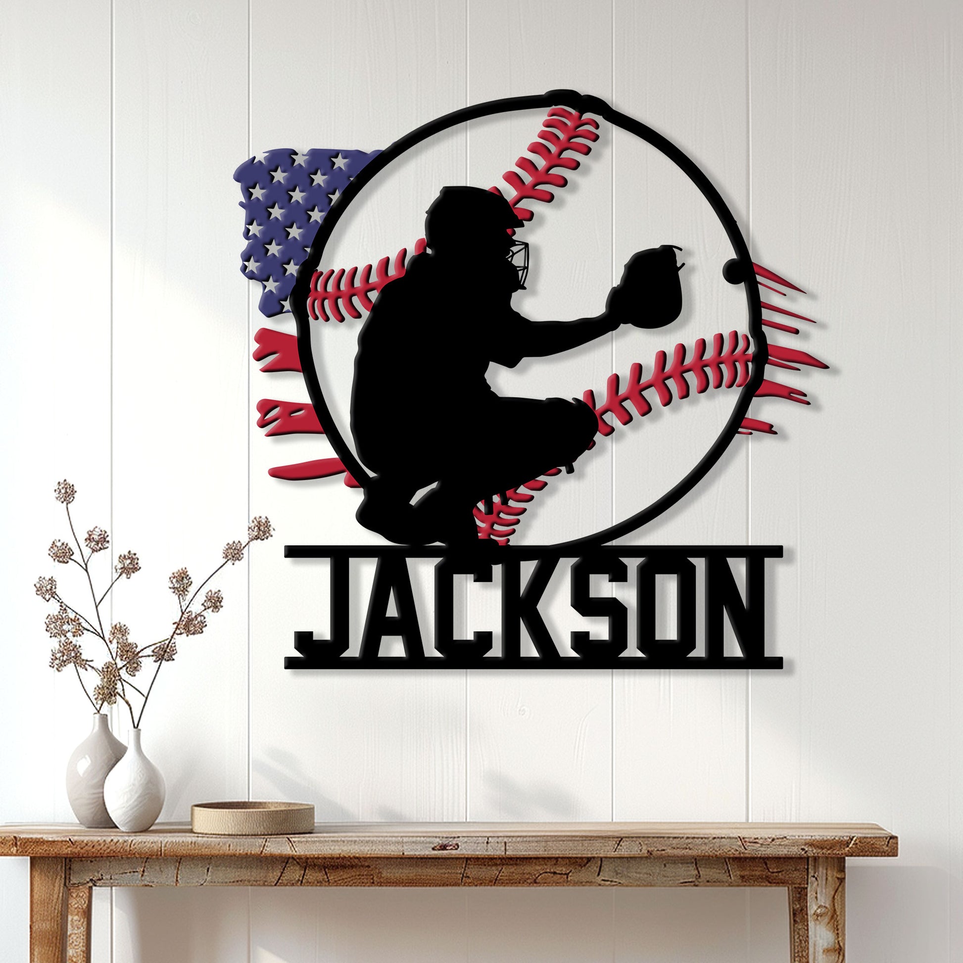 Baseball catcher metal wall sign displayed on a bright paneled wall in a home decor setting