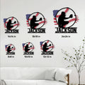 Baseball catcher metal sign shown in multiple size options above a living room sofa