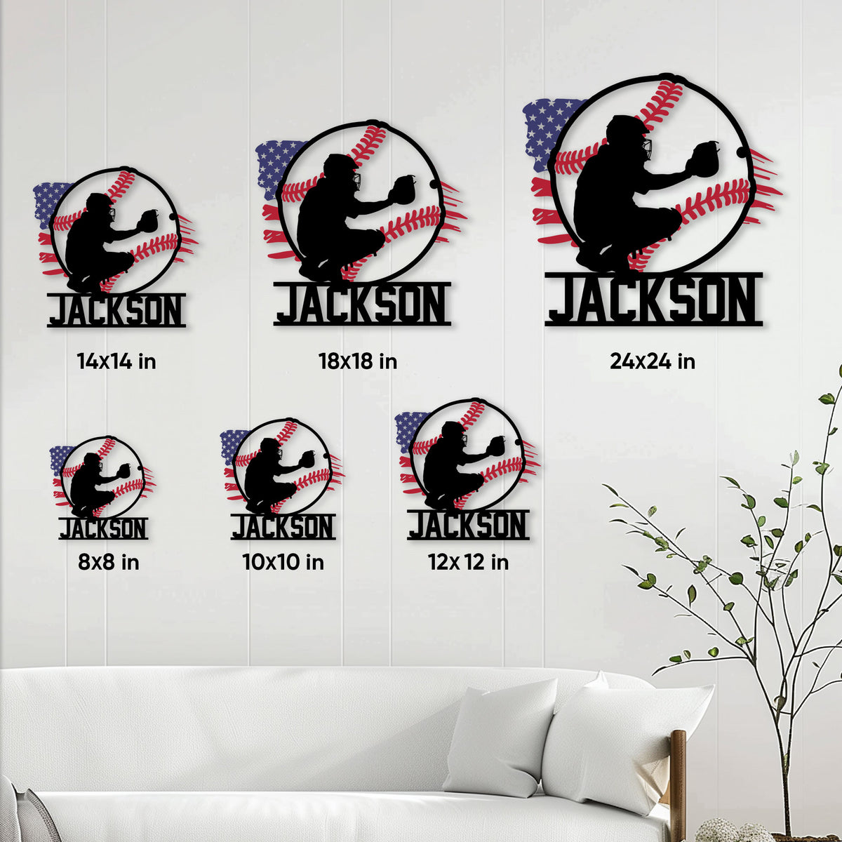 Baseball catcher metal sign shown in multiple size options above a living room sofa