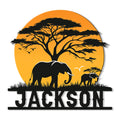 Custom elephant metal sign featuring an adult and baby elephant beneath an acacia tree at sunset