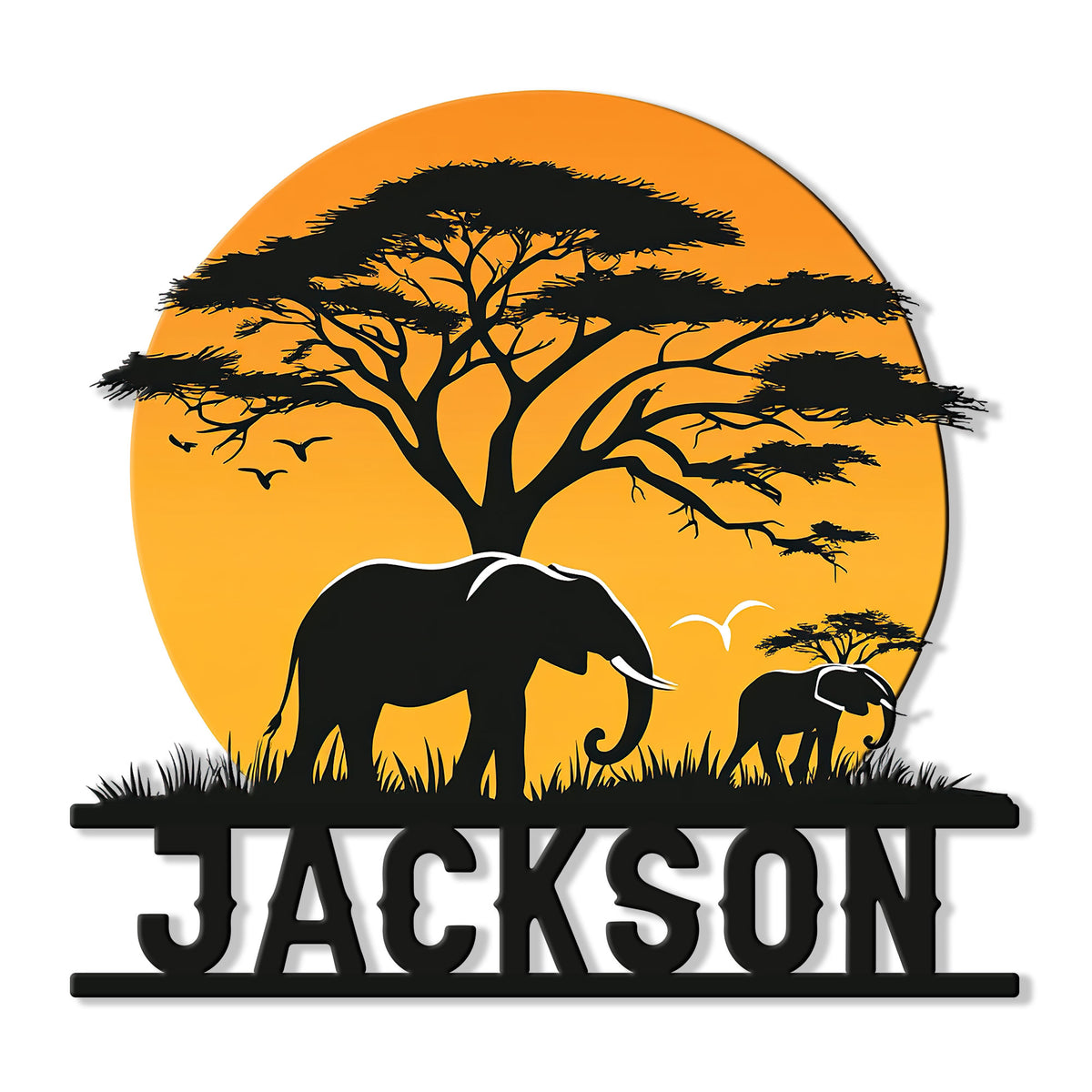 Custom elephant metal sign featuring an adult and baby elephant beneath an acacia tree at sunset
