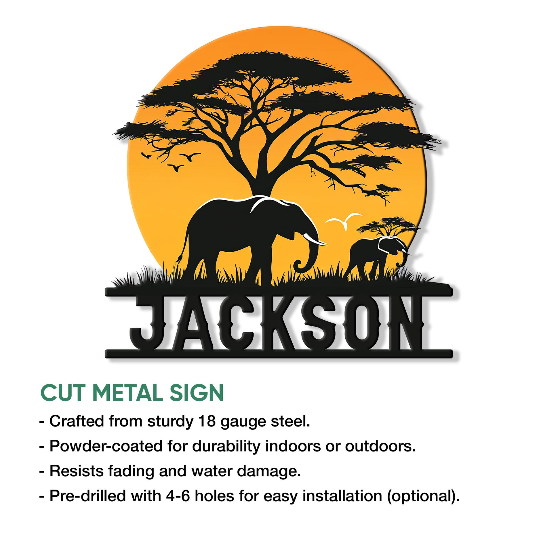 Elephant family silhouette metal sign shown with cut metal sign features and outdoor decor details