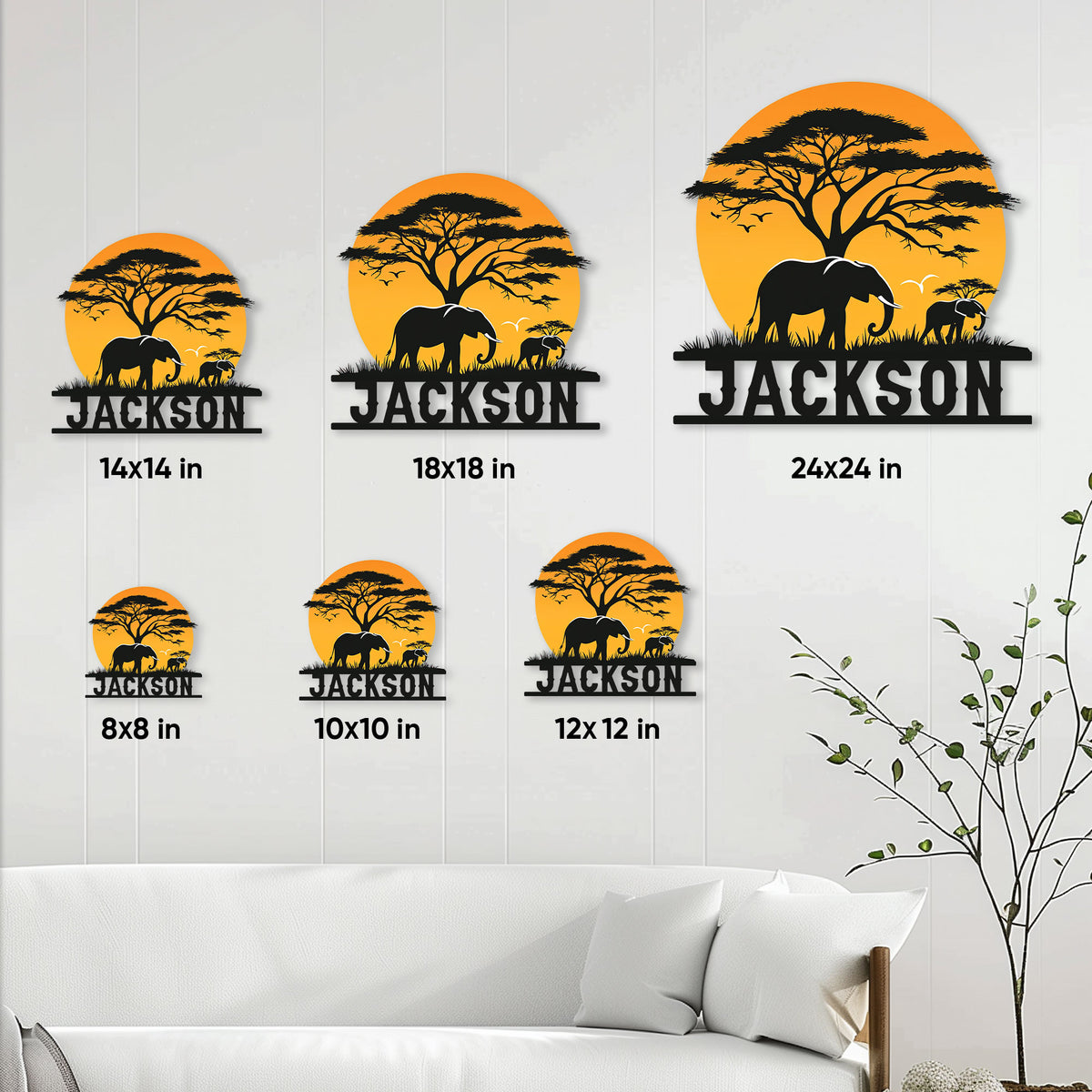 Elephant metal sign size guide showing available dimensions from 8 by 8 to 24 by 24 inches