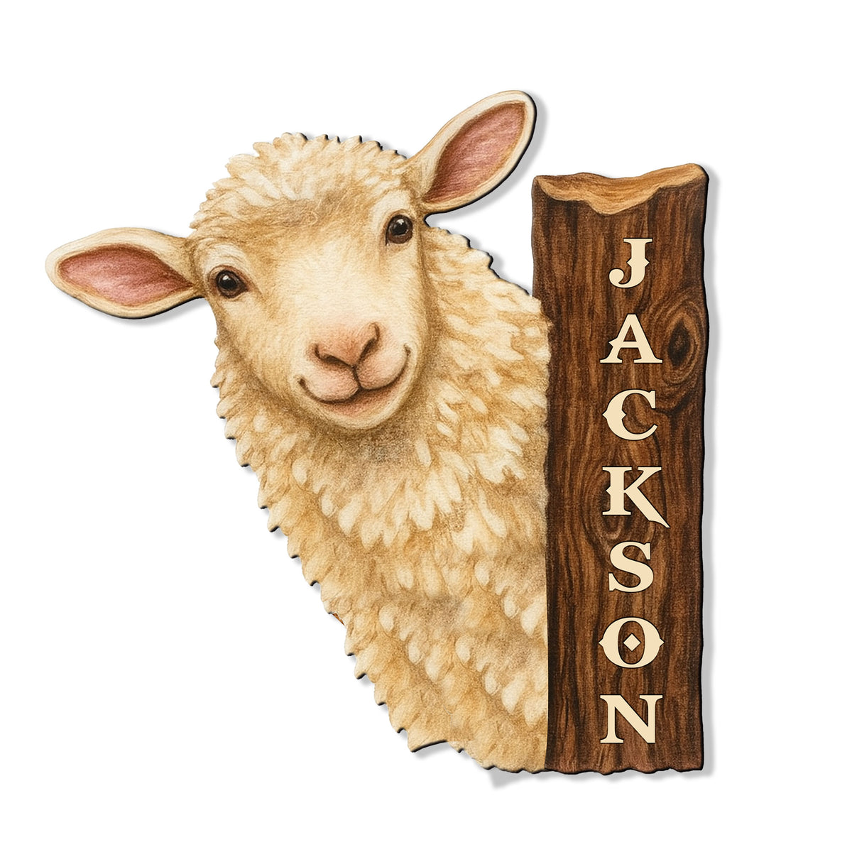 Custom sheep metal sign featuring a friendly lamb beside a rustic wood-style post