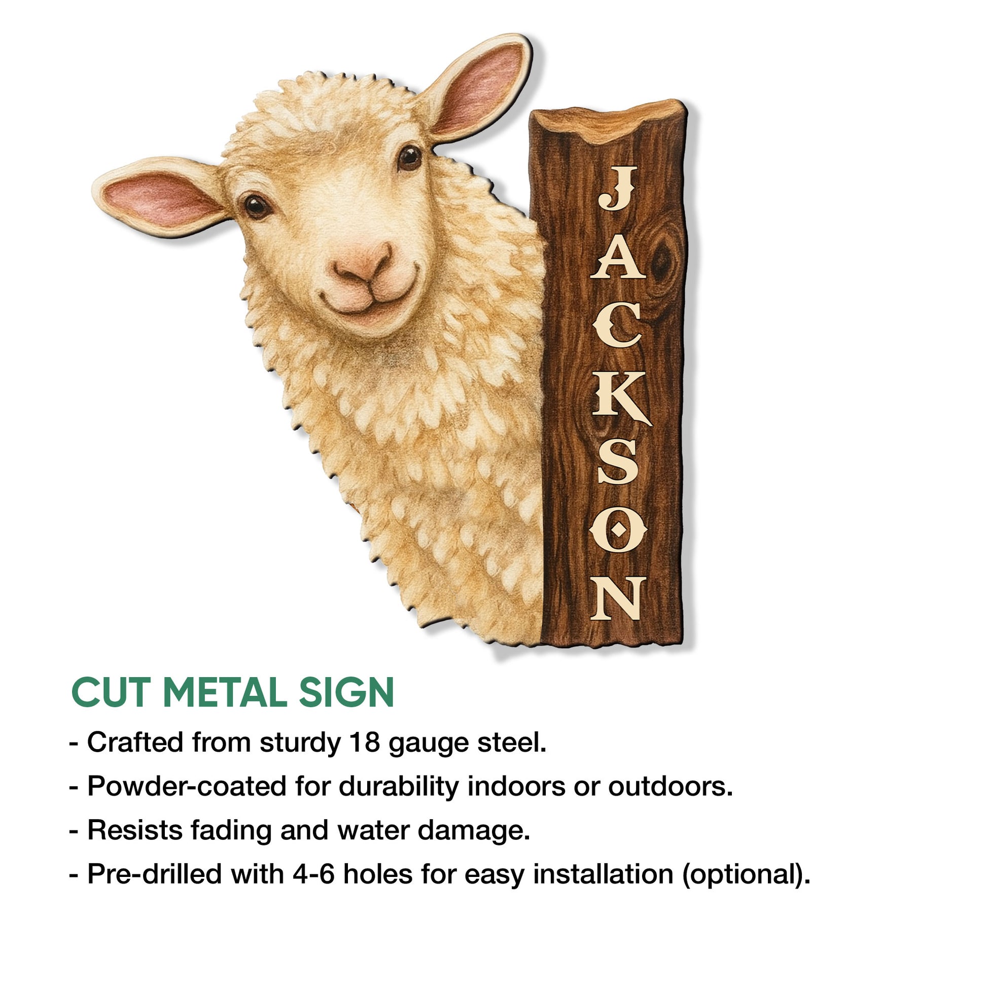 Sheep metal sign shown as a cutout farm decor piece with a warm rustic lamb design