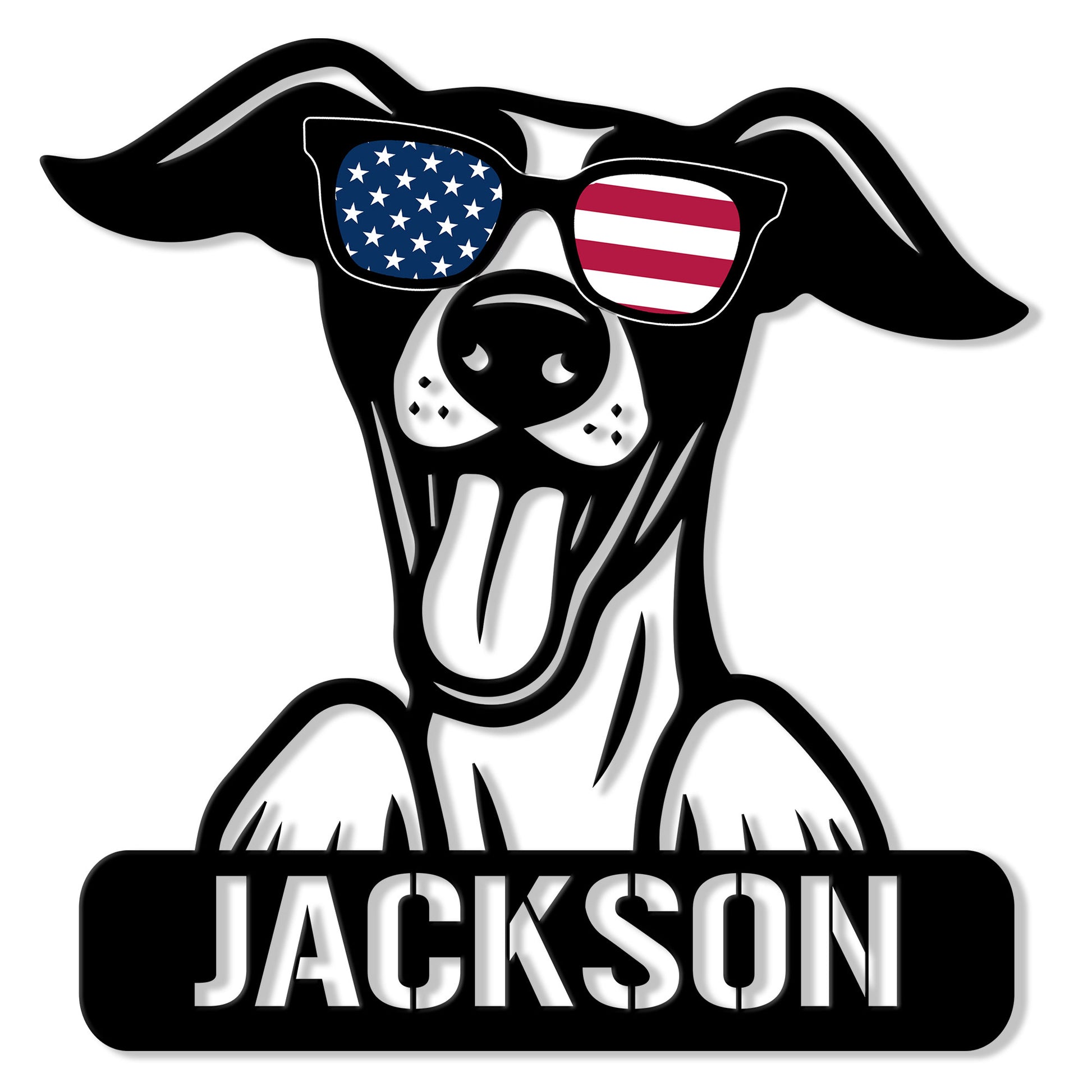 Custom Whippet metal sign featuring a stylish dog wearing American flag sunglasses