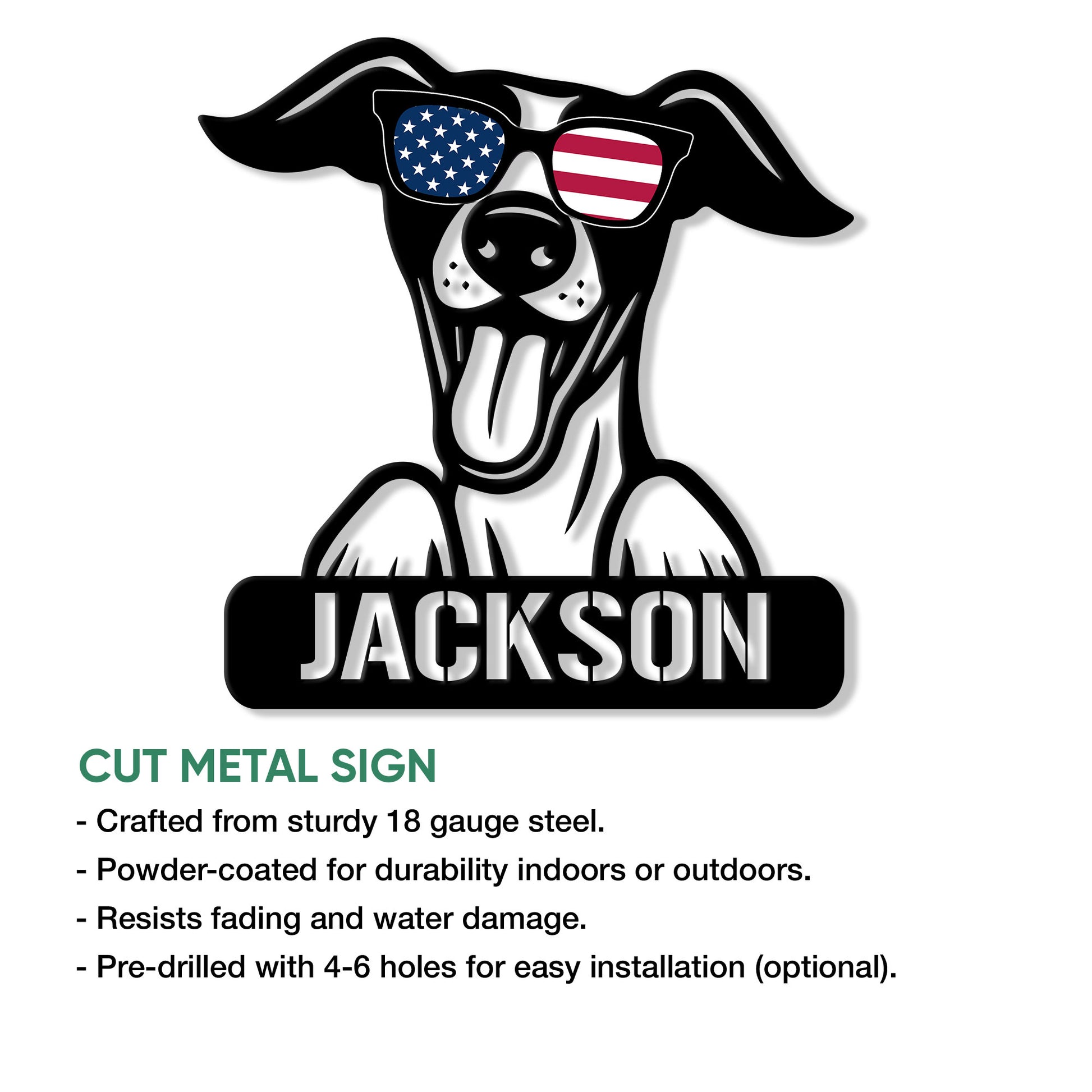 Whippet cut metal sign with patriotic sunglasses artwork and custom design options