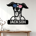 Patriotic Whippet wall sign displayed above a console table in a bright home