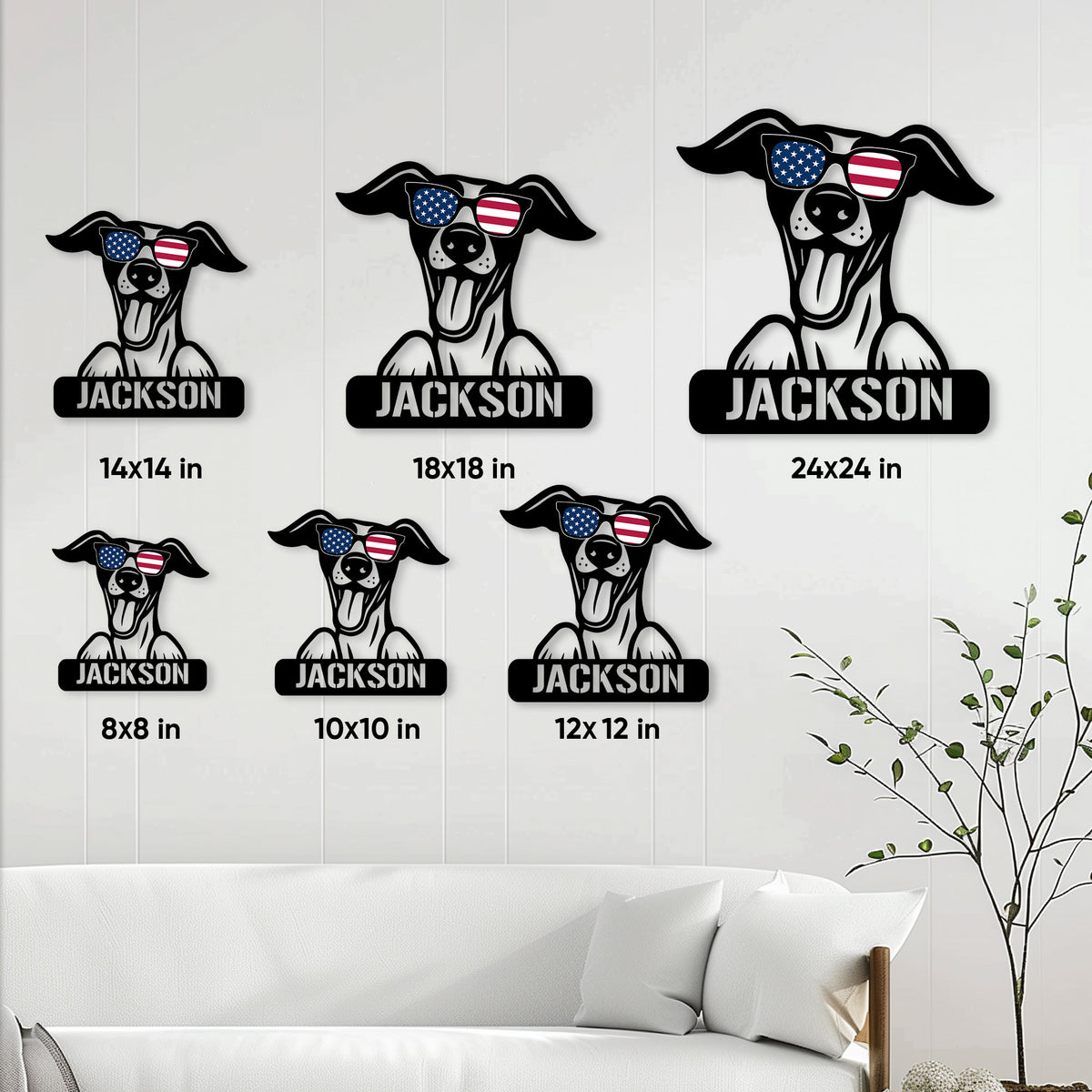 Whippet metal sign size guide showing six available square size options