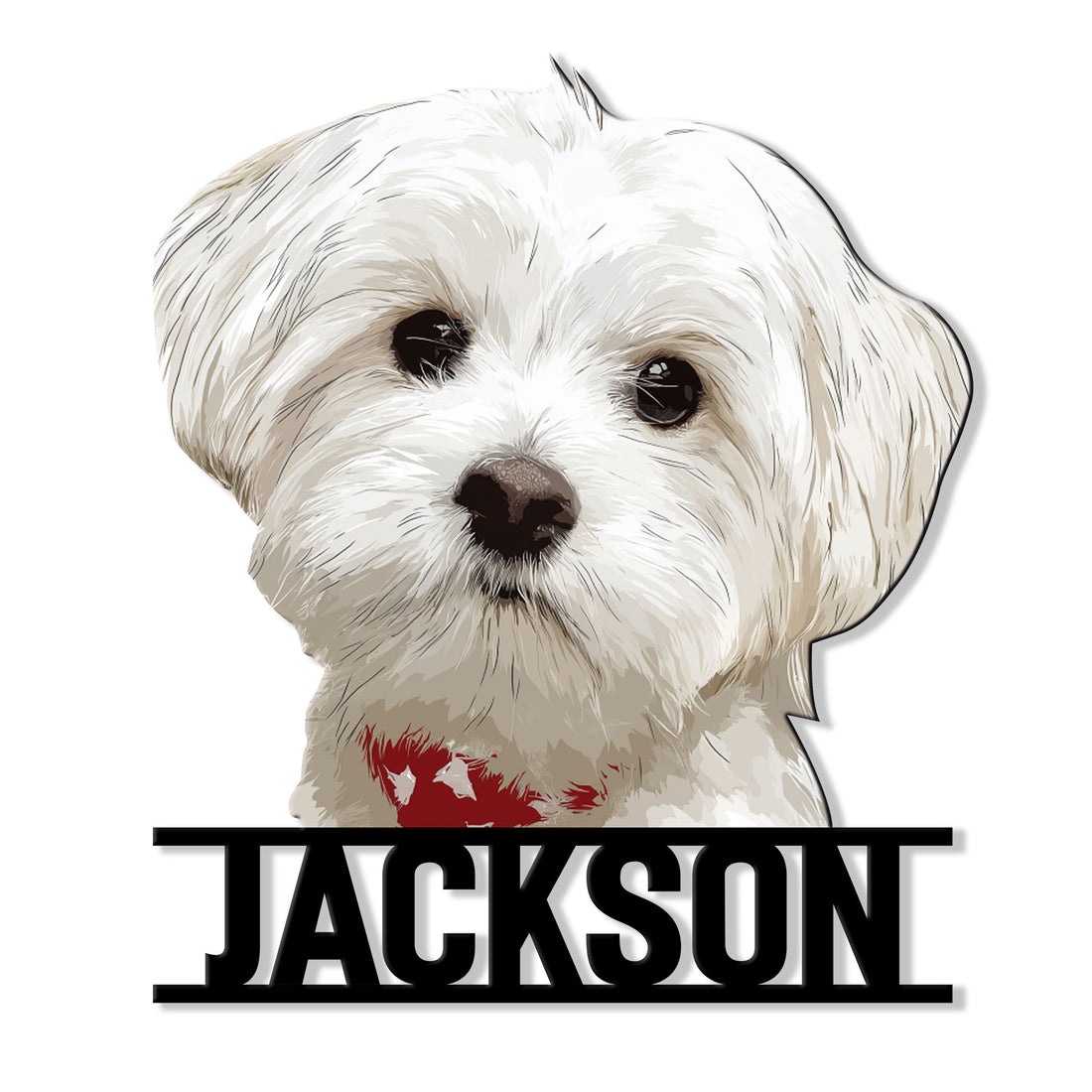 Custom Maltese dog metal sign featuring a detailed fluffy white dog portrait and bold decorative border