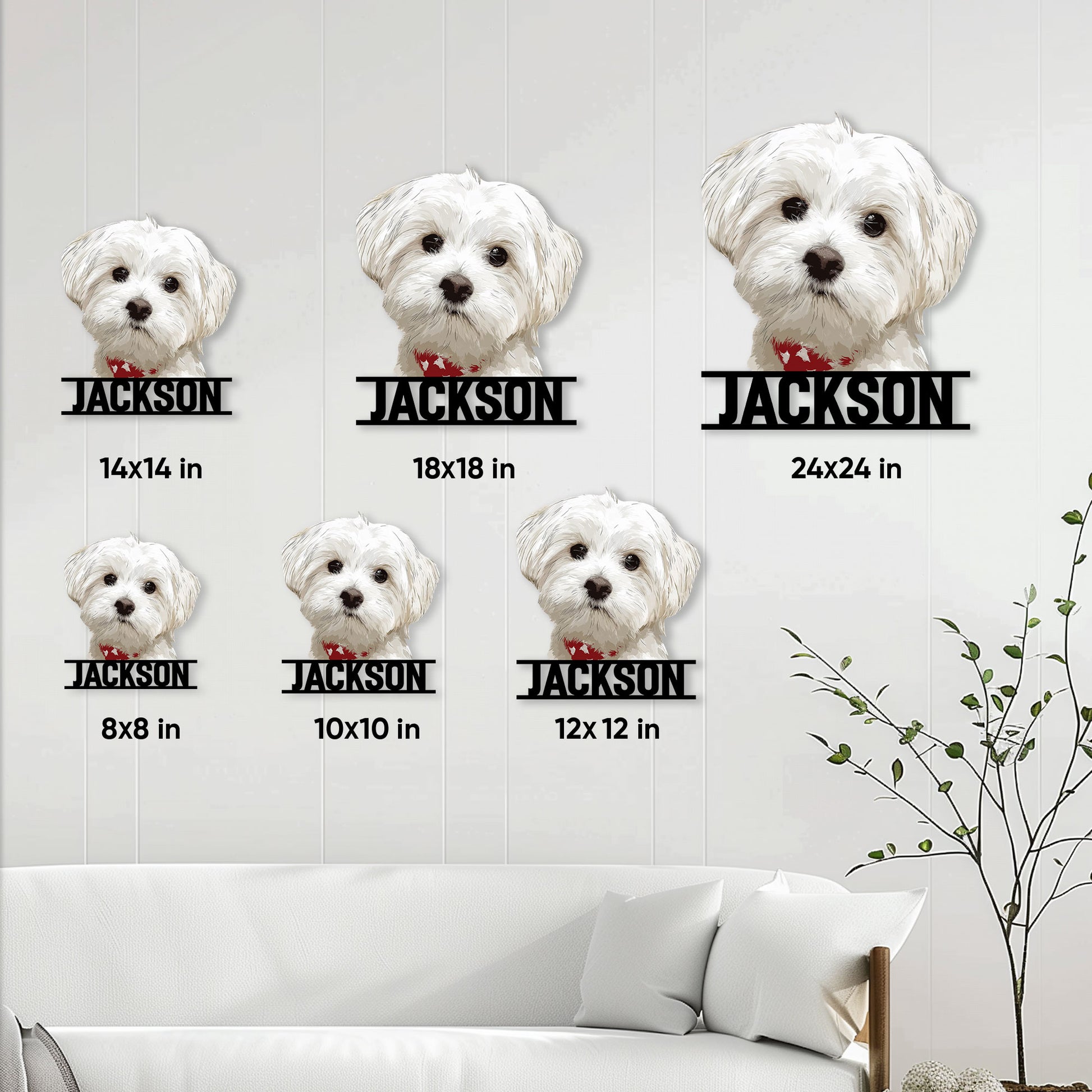 Maltese dog metal sign size guide showing six available square size options from 8 by 8 to 24 by 24 inches