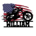 Patriotic biker metal sign featuring a black motorcycle silhouette over a distressed American flag