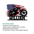 Cut metal biker sign with a motorcycle silhouette, American flag design, and product feature details