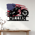 Patriotic motorcycle metal wall sign displayed on a bright home interior wall