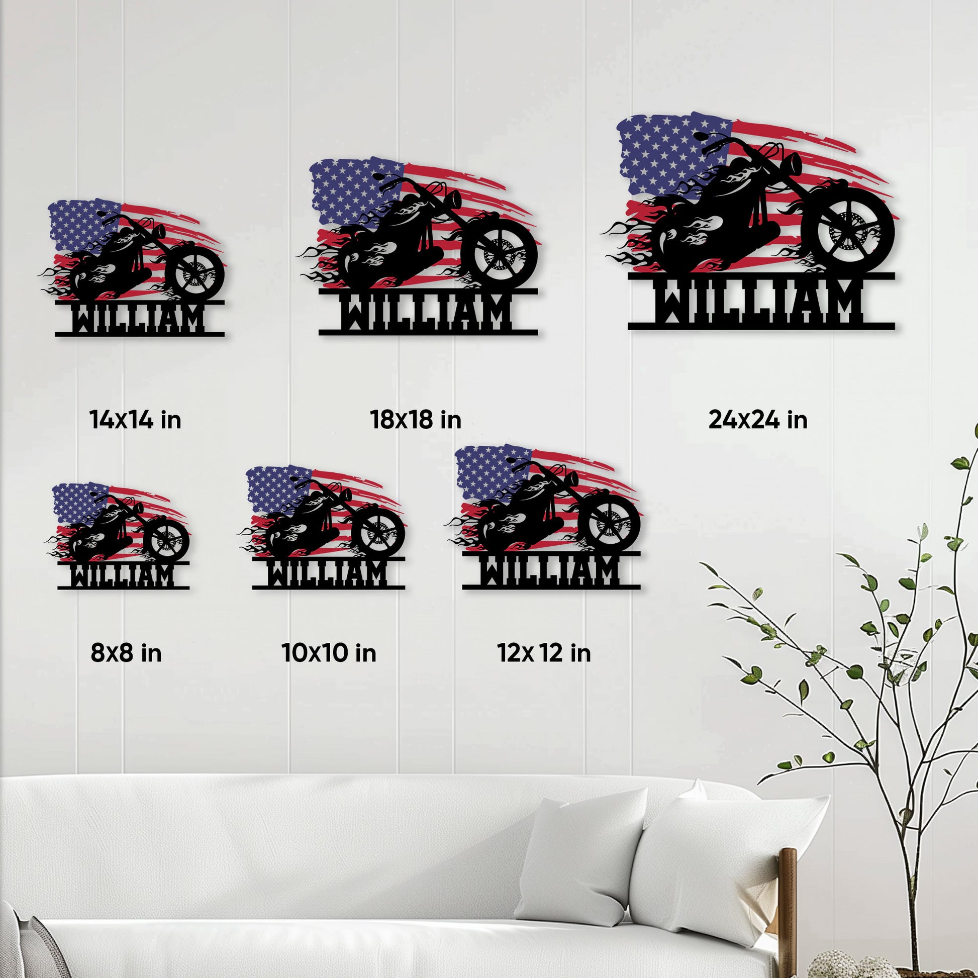 Motorcycle biker sign shown in multiple size options from 8 by 8 to 24 by 24 inches
