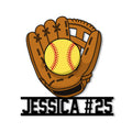 Custom softball metal sign featuring a detailed leather glove holding a bright yellow softball