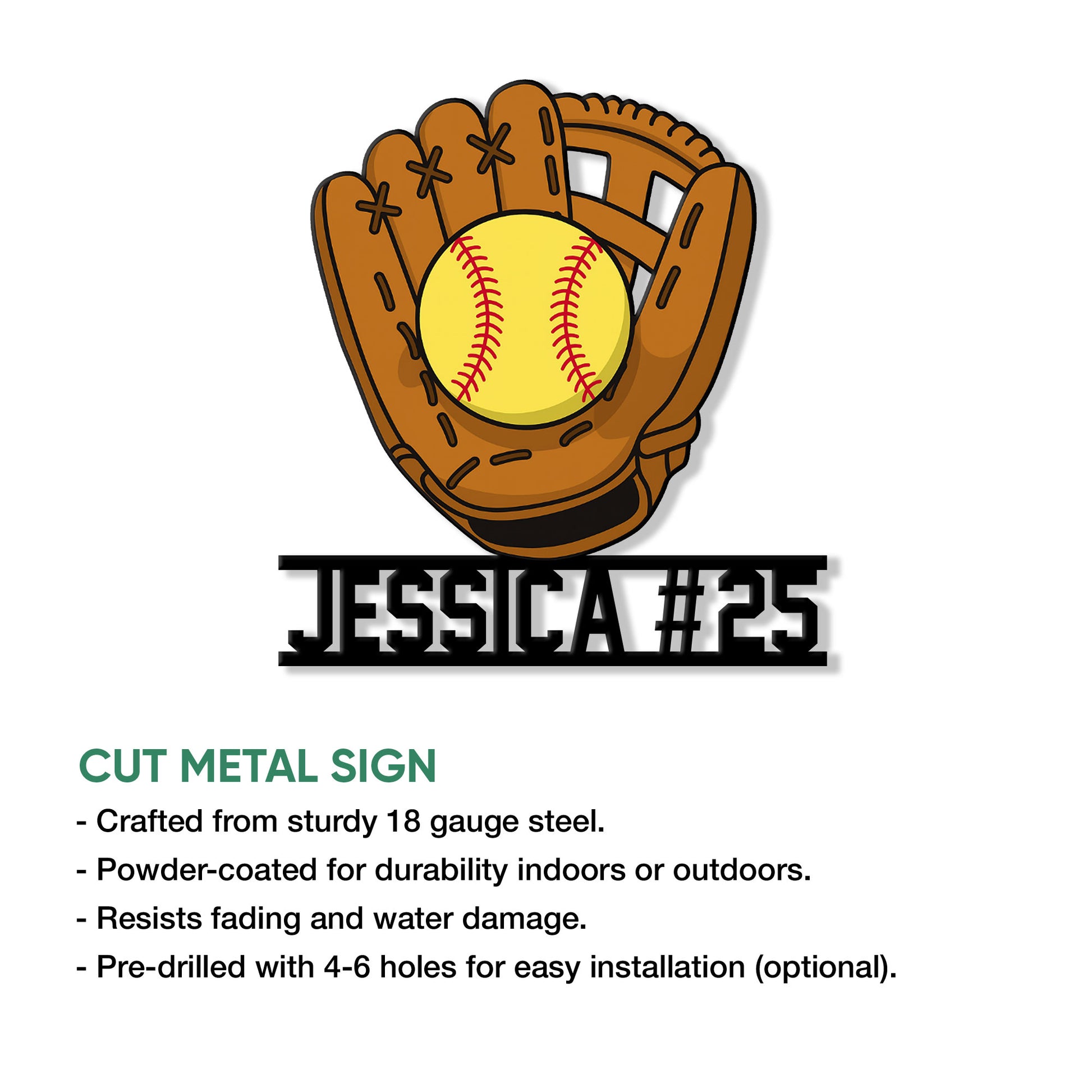 Softball glove metal sign shown with a cut-metal product feature infographic