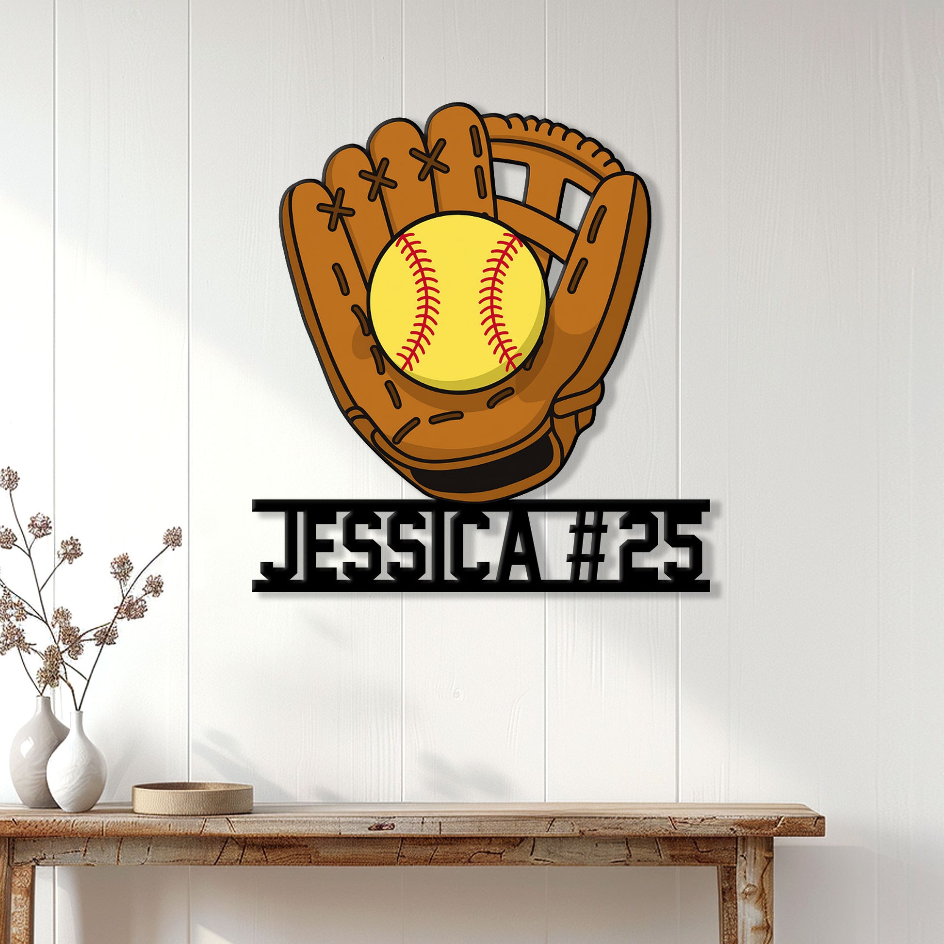 Softball wall sign displayed on white paneled decor above a console table