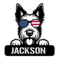 Scottish Terrier metal sign featuring a patriotic flag-themed sunglasses design and bold dog portrait