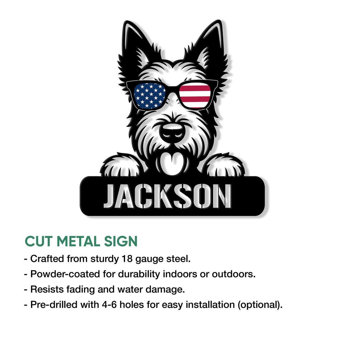 Scottish Terrier cut metal sign shown with a patriotic dog design and product feature information