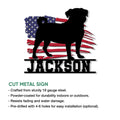 Patriotic pug metal sign shown with its cut-metal construction and indoor or outdoor display options
